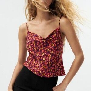 Zara Bright Floral Purple Spaghetti Cami Cowl Crop Top size Small‎